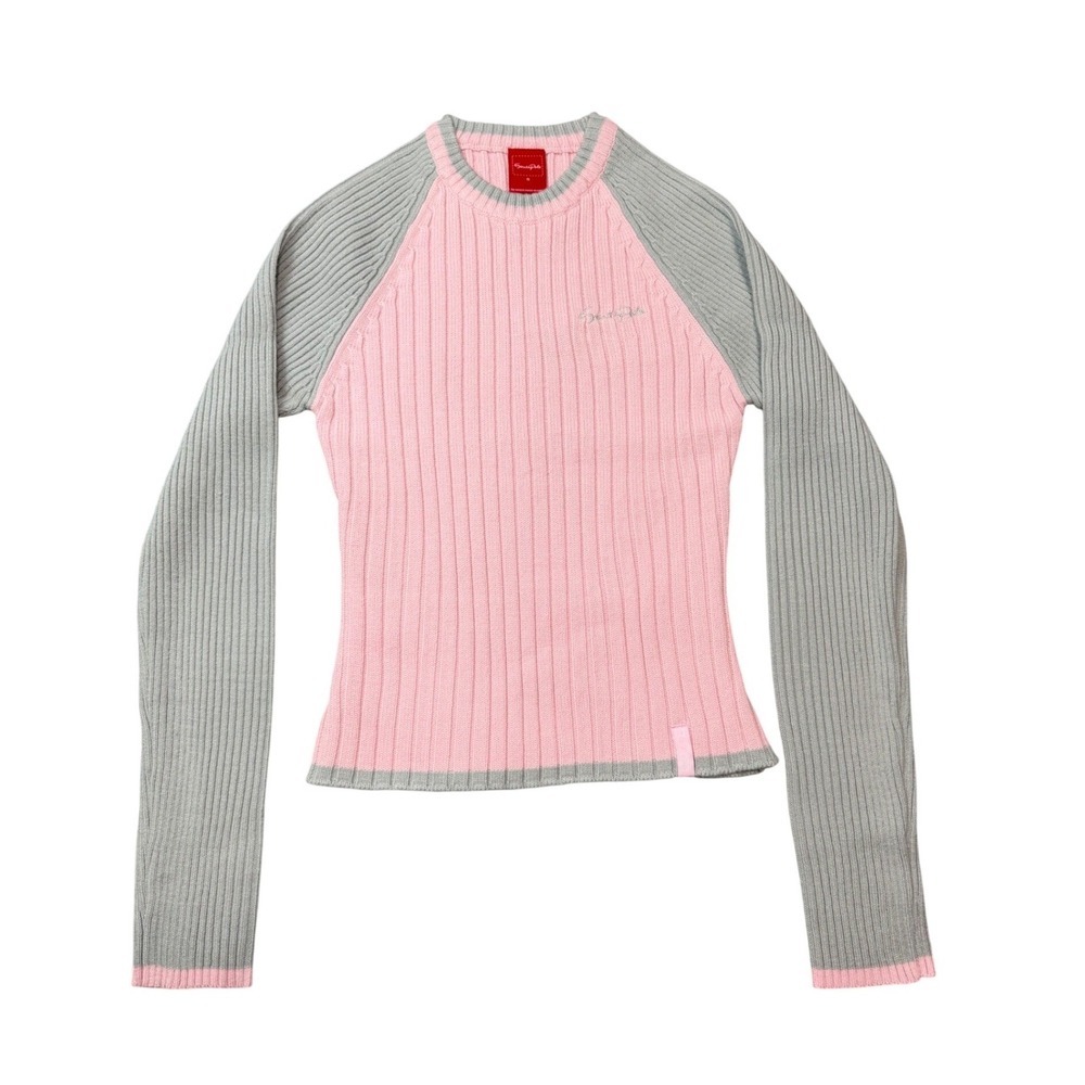 Vintage Y2K Southpole Pink Gray Ribbed Knit Raglan Long Sleeve Sweater Top Small